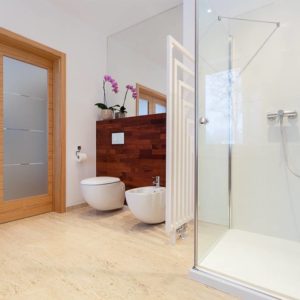 Spacious bathroom with wooden doors